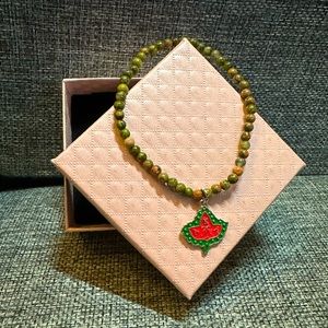 AKA Charm on Natural Unakite 4mm 7.5” Pink and Green Crystal Stretch Bracelet